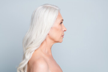 Close-up profile side view portrait of her she attractive healthy grey-haired elderly lady strong...