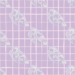 Creative pastel seamless pattern with diagonal monstera elements. Lilac chequered background. Nature print.