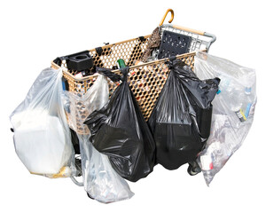 Isolated homeless person's shopping cart with plastic bags. Isolated. © Noel