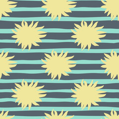 Light orange star elements seamless simple pattern. Navy blue and turquoise striped background. Cartoon design.