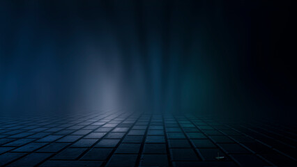 Dark street, wet asphalt, reflections of rays in the water. Abstract dark blue background, smoke, smog. Empty dark scene, neon light, spotlights. Concrete floor
