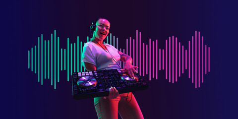 Young female musician in headphones performing on navy background in green-pink neon light. Concept of music, hobby, festival, entertainment, emotions.Neoned modern artwork, cover, flyer designed.