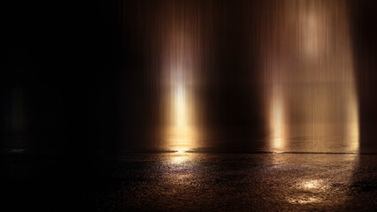 Obraz premium Dark street, wet asphalt, reflections of rays in the water. Abstract dark blue background, smoke, smog. Empty dark scene, neon light, spotlights. Concrete floor