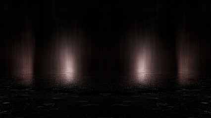 Obraz premium Dark street, wet asphalt, reflections of rays in the water. Abstract dark blue background, smoke, smog. Empty dark scene, neon light, spotlights. Concrete floor