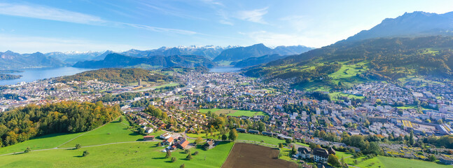 Kriens village, canton of Lucerne. Switzerland. Pilatus peak. Aerial view. City skyline and village landscape - 388572183