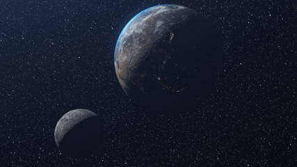 3d rendering, Planet Earth and the moon outer space view