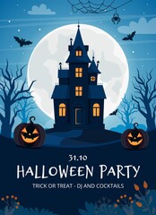 Halloween party flyer template with haunted house and pumpkins