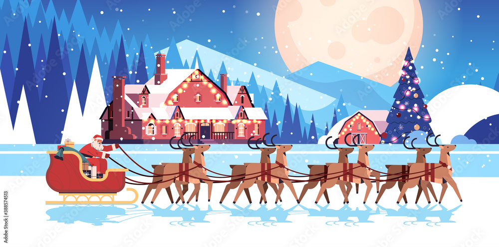 Wall mural santa riding sledge with reindeers happy new year and merry christmas greeting card holidays celebration concept night winter landscape background horizontal vector illustration