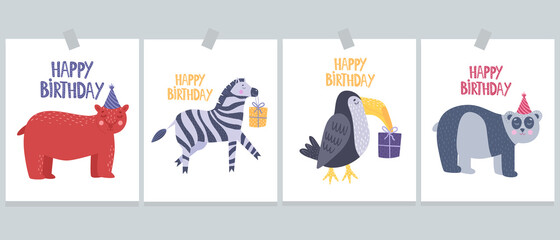 Collection of greeting cards with funny animals on a white background. Happy Birthday. Vector illustration in cartoon style.