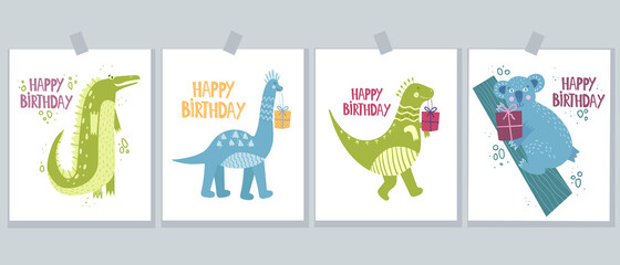 Set of cute cards with wild animals and dinosaurs. Happy birthday greeting card on a white background. Hand drawing.Vector illustration.