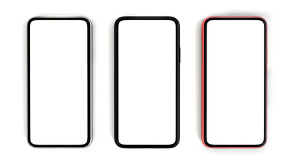Mobile phone blank screen in metallic red, silver and black colors isolated on white, Top view mock up for application and advertisement design, 3D rendering