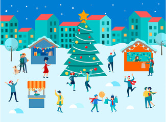 The townspeople dance and have fun for Christmas and New Years at the Christmas and New Year's gifts and sweets fair