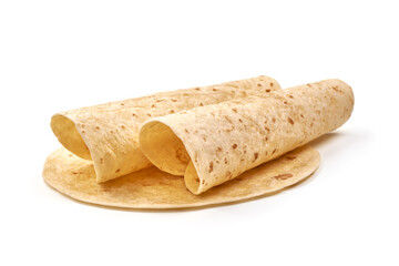 Wheat flour tortilla, isolated on white background