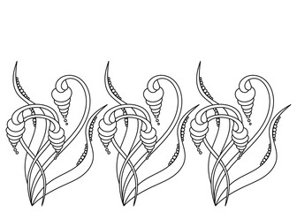 Coloring books for adults and children. Border from Stylized flower buds on thin stems and leaves , floral illustration .