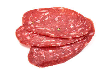 Smoked salchichon sausage, isolated on white background