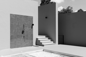 Showering before entering the pool.Shower at swimming pool.