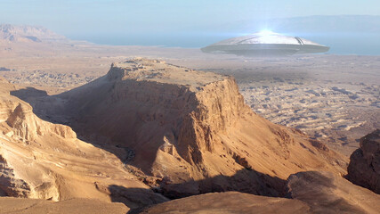 Fototapeta na wymiar 3d rendering,Alien Ufo Saucer over Ancient City in the desert- Aerial Drone view over Masada close to dead sea in Israel, 