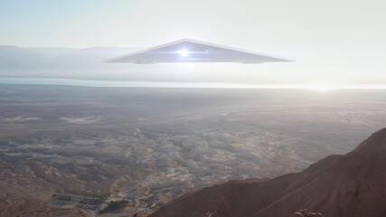 3d rendering, Large Triangle alien ufo over sea and desert mountains-Aerial © ImageBank4U