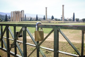 Closed entrance at the archaeological site of Olympian Zeus temple in Athens, Greece, March 14 2020.