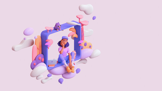 Young black thinking girl sitting on the windowsill floating in the clouds with laptop, cat, an owl, colorful plants. Woman in purple t-shirt, blue jeans, orange sneakers, white socks, cap. 3d render.