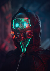 Fashion cyberpunk girl in leather hoodie jacket wears gas mask with protective glasses, filters. Colorful 3d render of human skull with cross in eyes, glowing green wires on night light bokeh in city. © roman3d