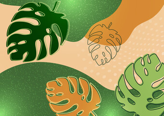 Bright abstract background, colored waves, texture, monstera leaves. Universal art template. Modern design for banners, business cards, invitations, gift cards, flyers, brochures. Vector