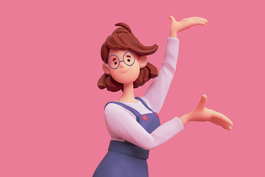 Portrait of smiling cute сasual brunette girl in glasses wearing blue apron, white t-shirt showing empty copy space on open hand palm for text. Minimal stylized art style. 3d render on pink background