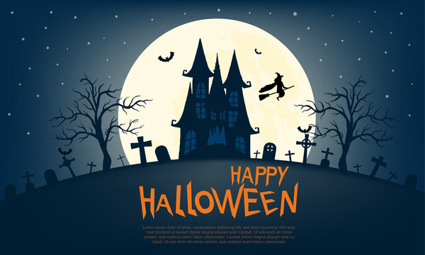 Happy Halloween Greeting Card. Witch flying over cemetery near old castle. Mystic night with full moon. Template for advertising brochure. Vector illustration