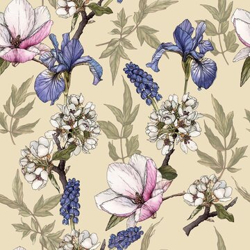Floral seamless pattern with watercolor irises, magnolia, cherry blossom, and muscari.

