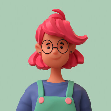 Casual black woman with glasses, in overalls, blue t-shirt with red short hair on a green background. Bright portrait of a teenage character. Young woman avatar in minimal art style. 3d illustration.