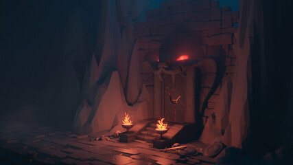 3d illustration of low poly mystical cave. Above the gate is stone sculpture of head of cobra with glowing red eyes. Burning torches on the sides of the stairs. Skulls, swords, shields lie on ground.
