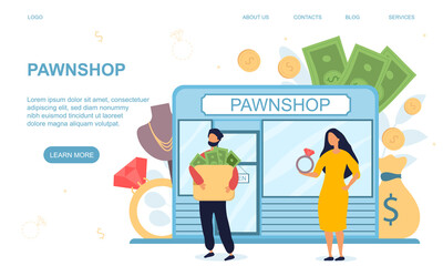Pawnshop concept. Website, landing page or web page template. Pawnshop building, customers holding money, diamond ring. Vector illustration
