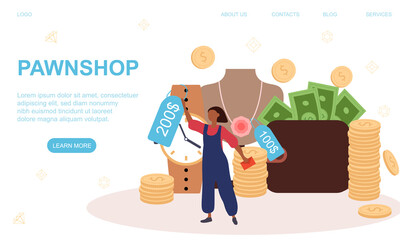 Pawnshop website template. Landing page design for website and mobile site development. Woman showing accessories for exchange. Vector illustration