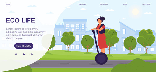 Woman riding on electric unicycle. Concept of ecological transportation in modern city. Young girl in green park. Flat cartoon vector illustration. Website, web page or landing page template © Rudzhan