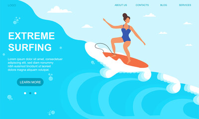Young sportswoman surfing in sea or ocean. Sport activity concept. Internet and mobile website. Landing page or web page template. Easy to edit and customize. Flat cartoon vector illustration