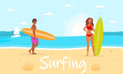 Young couple on sandy island coast with surfboards. Professional surfers. Sport activity concept. Internet and mobile website. Landing page or web page template. Flat cartoon vector illustration