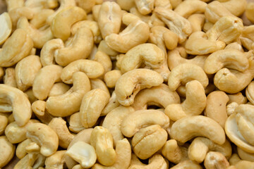 Cashew nuts. Cashew kernels. Clean organic nuts retro background. Organic healthy food.