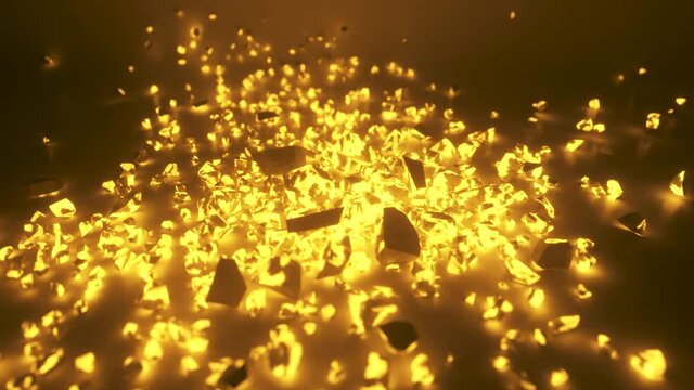 A cube of bright glowing stone shatters into thousands of small pieces in slow motion. Destruction concept