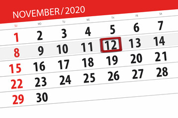 Fototapeta premium Calendar planner for the month november 2020, deadline day, 12, thursday