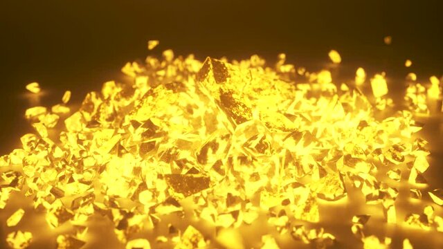 A cube of bright glowing stone shatters into thousands of small pieces in slow motion. Destruction concept