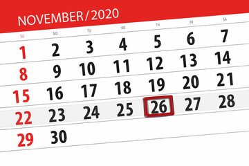 Calendar planner for the month november 2020, deadline day, 26, thursday