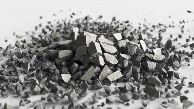 A cube of stone shatters into thousands of small pieces in slow motion. Destruction concept