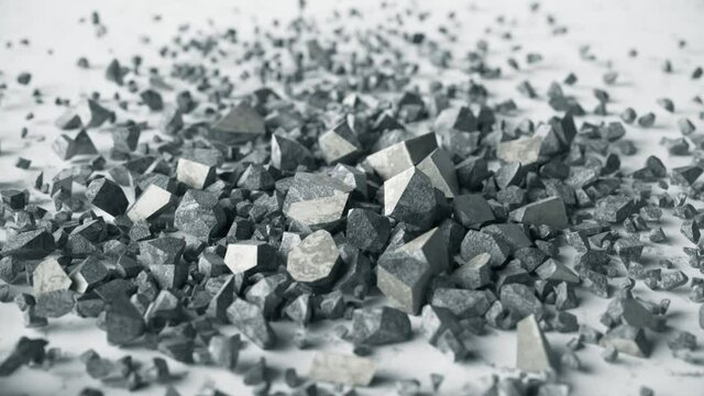 A cube of stone shatters into thousands of small pieces in slow motion. Destruction concept