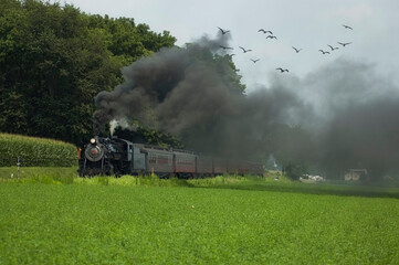 Fototapeta na wymiar Antique Steam Passenger Train Puffing Lots of Black Smoke along Amish Countryside with Green Fields