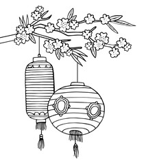 Two Chinese paper lanterns hanging on the tree brunch with blooming flowers. Hand drawn vector sketch illustration