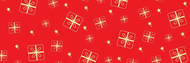 new year red background, gifts boxes, view from above and gold snowflake, golden Christmas tree .	