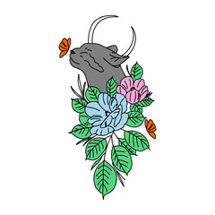 Graphical flower illustration. black flower, contour flower, bloom flower,