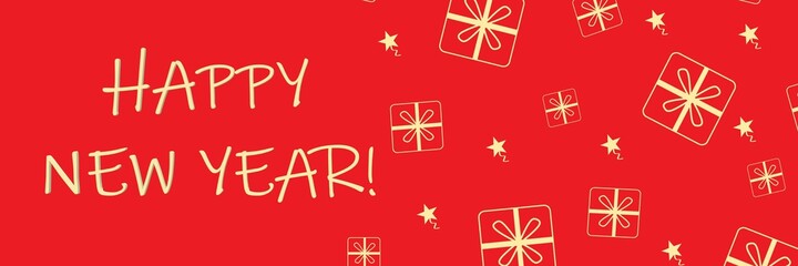 happy new year text on red background, gifts boxes, view from above. long red background