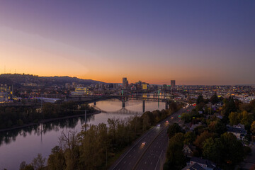 Fototapeta na wymiar Looking over the Willamette River at Downtown Portland During sunset