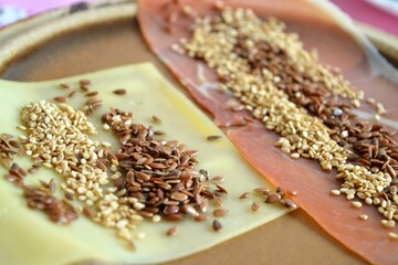 Serrano ham slice and cheese slice with sesame seeds and flax on top for breakfast or a snack